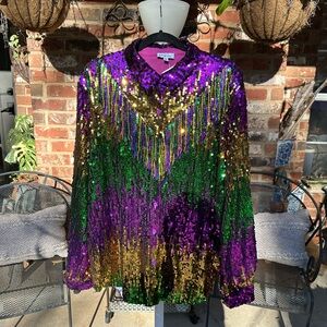 Mardi Gras! NWT Fully Sequined Button Down Blouse with Fringe. Size XL